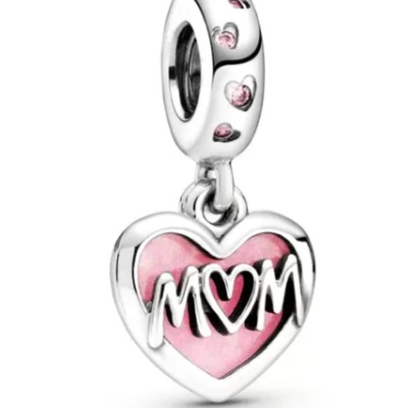 Pink Heart Mom Dangle Bracelet Charm - S925 Sterling Silver Fits Pandora - Picture 3 of 6